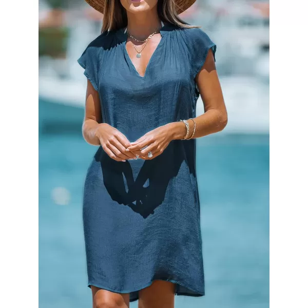 imageCUPSHE Womens Cover up V Neck Short Sleeve Flowy Pleated Cover Up Dress Woven Mini DressBlue