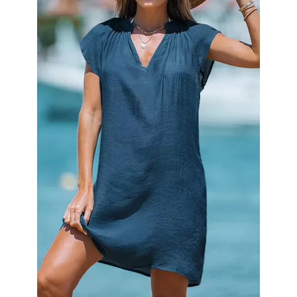 imageCUPSHE Womens Cover up V Neck Short Sleeve Flowy Pleated Cover Up Dress Woven Mini DressBlue