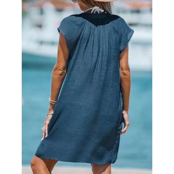 imageCUPSHE Womens Cover up V Neck Short Sleeve Flowy Pleated Cover Up Dress Woven Mini DressBlue