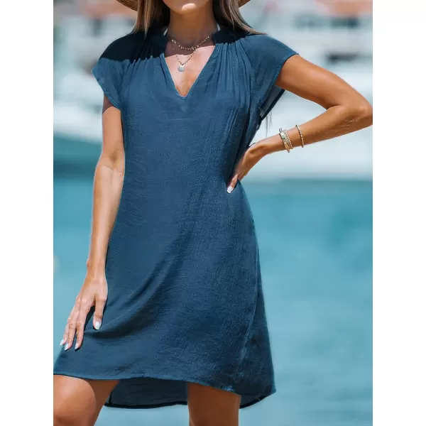 imageCUPSHE Womens Cover up V Neck Short Sleeve Flowy Pleated Cover Up Dress Woven Mini DressBlue
