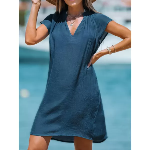 imageCUPSHE Womens Cover up V Neck Short Sleeve Flowy Pleated Cover Up Dress Woven Mini DressBlue