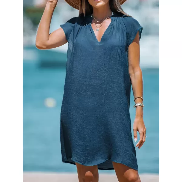 imageCUPSHE Womens Cover up V Neck Short Sleeve Flowy Pleated Cover Up Dress Woven Mini DressBlue