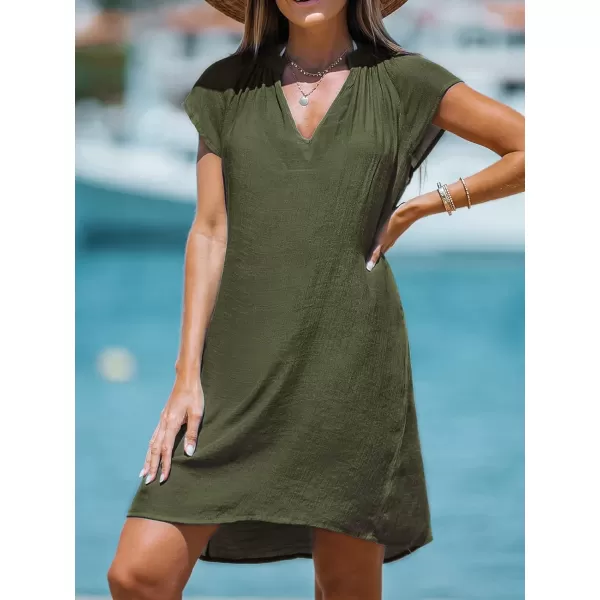 imageCUPSHE Womens Cover up V Neck Short Sleeve Flowy Pleated Cover Up Dress Woven Mini DressOlive Green