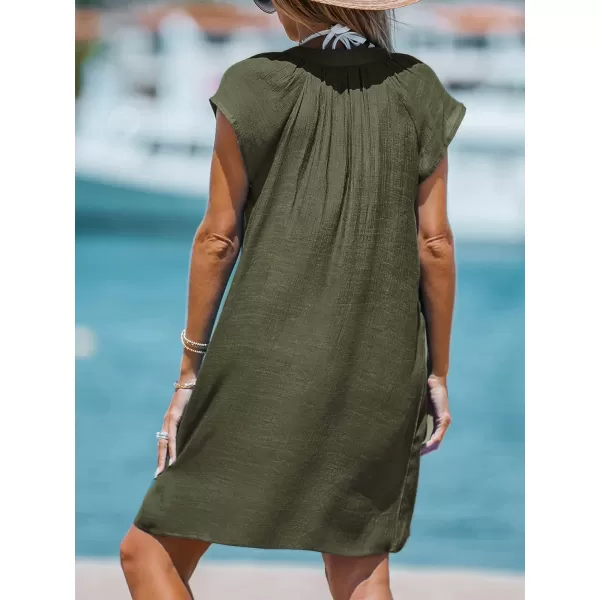 imageCUPSHE Womens Cover up V Neck Short Sleeve Flowy Pleated Cover Up Dress Woven Mini DressOlive Green
