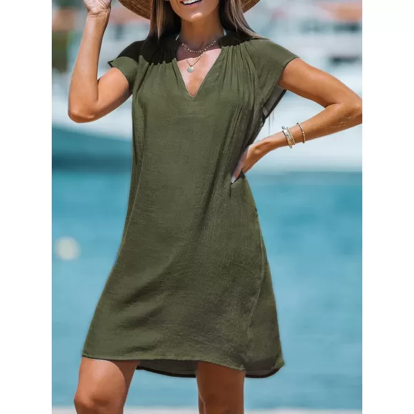 imageCUPSHE Womens Cover up V Neck Short Sleeve Flowy Pleated Cover Up Dress Woven Mini DressOlive Green