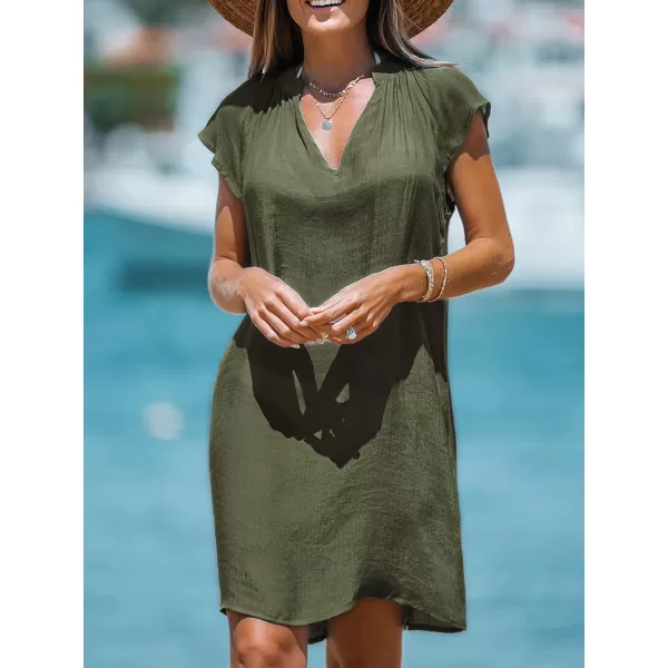 imageCUPSHE Womens Cover up V Neck Short Sleeve Flowy Pleated Cover Up Dress Woven Mini DressOlive Green