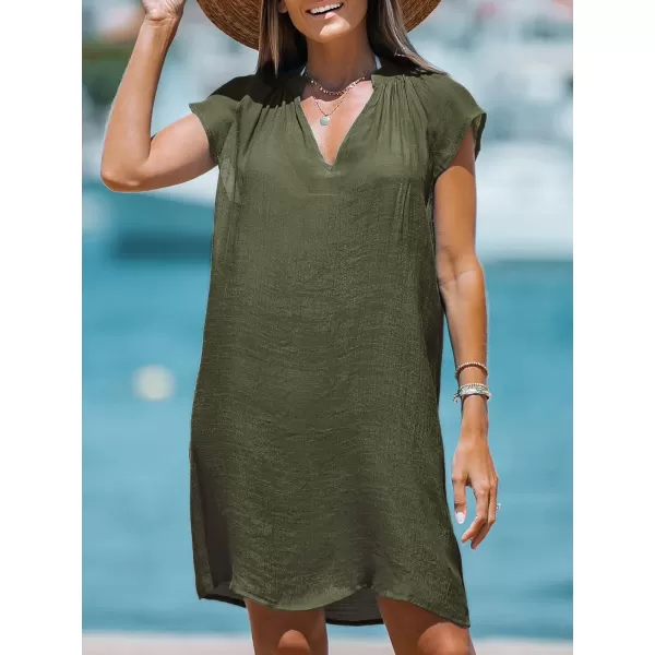 imageCUPSHE Womens Cover up V Neck Short Sleeve Flowy Pleated Cover Up Dress Woven Mini DressOlive Green