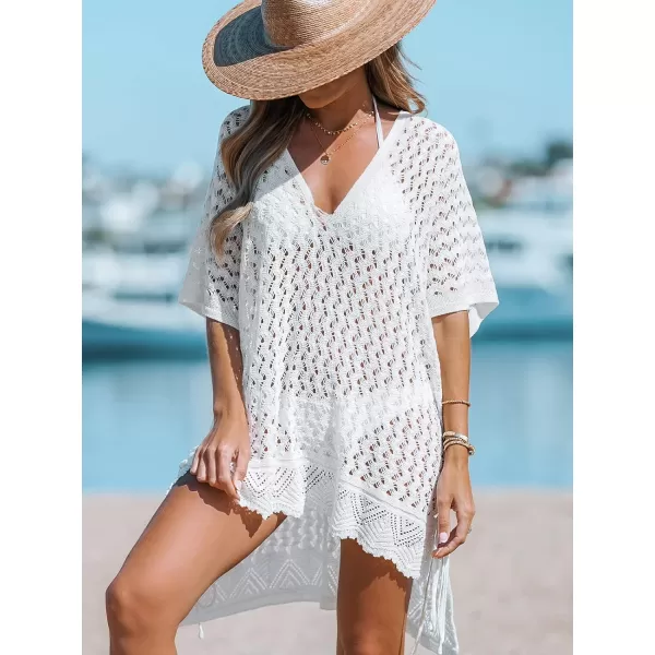 imageCUPSHE Womens Cover up V NeckCrochet Tie Side Beach Loose Short Sleeve Dress Mini Beach DressWhite