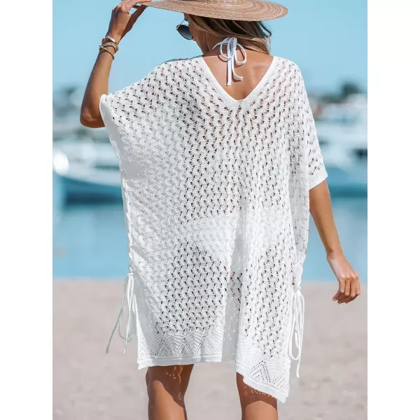 imageCUPSHE Womens Cover up V NeckCrochet Tie Side Beach Loose Short Sleeve Dress Mini Beach DressWhite