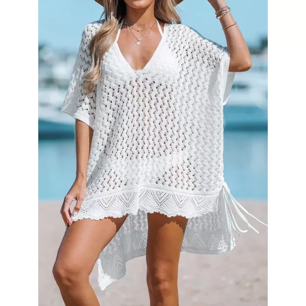 imageCUPSHE Womens Cover up V NeckCrochet Tie Side Beach Loose Short Sleeve Dress Mini Beach DressWhite