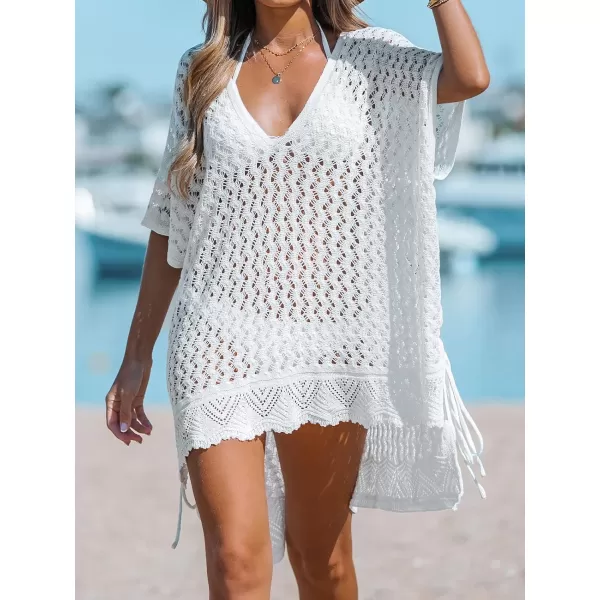 imageCUPSHE Womens Cover up V NeckCrochet Tie Side Beach Loose Short Sleeve Dress Mini Beach DressWhite