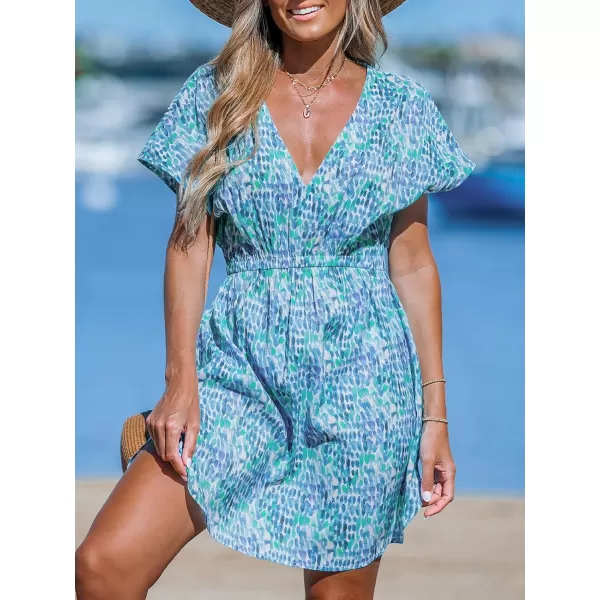 imageCUPSHE Womens Coverups Swimsuit V Neck Bikini Short Sleeves Beachwear Cover Up Dress 2024Green Dot