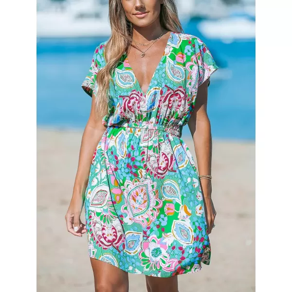 imageCUPSHE Womens Coverups Swimsuit V Neck Bikini Short Sleeves Beachwear Cover Up Dress 2024Green Paisley