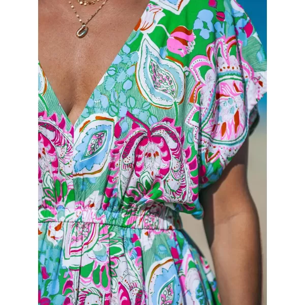imageCUPSHE Womens Coverups Swimsuit V Neck Bikini Short Sleeves Beachwear Cover Up Dress 2024Green Paisley