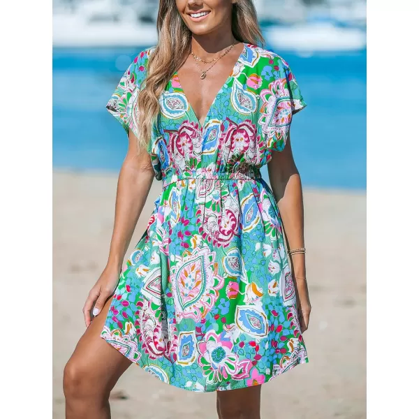 imageCUPSHE Womens Coverups Swimsuit V Neck Bikini Short Sleeves Beachwear Cover Up Dress 2024Green Paisley