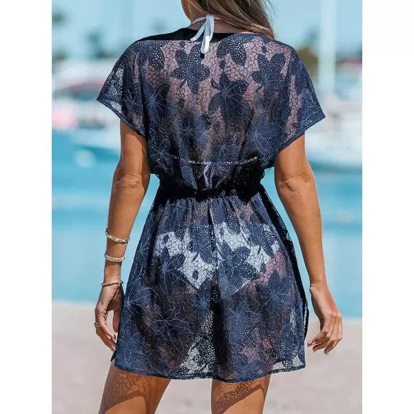 imageCUPSHE Womens Coverups Swimsuit V Neck Bikini Short Sleeves Beachwear Cover Up Dress 2024Navy Blue