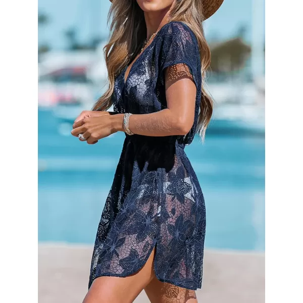 imageCUPSHE Womens Coverups Swimsuit V Neck Bikini Short Sleeves Beachwear Cover Up Dress 2024Navy Blue