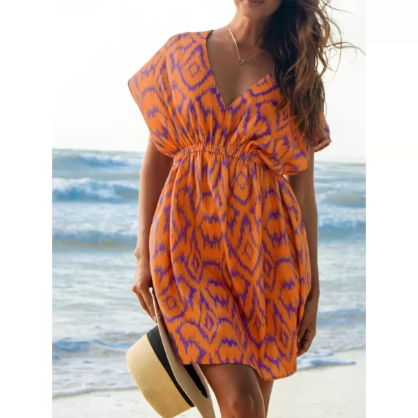 imageCUPSHE Womens Coverups Swimsuit V Neck Bikini Short Sleeves Beachwear Cover Up Dress 2024Orange Geometric