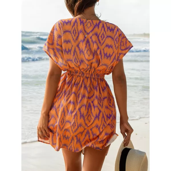 imageCUPSHE Womens Coverups Swimsuit V Neck Bikini Short Sleeves Beachwear Cover Up Dress 2024Orange Geometric