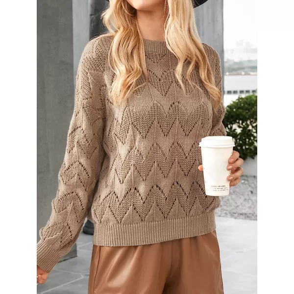 imageCUPSHE Womens Crew Neck Crochet Sweater Long Sleeve Lightweight Casual Knitted Pullover SweaterBrown