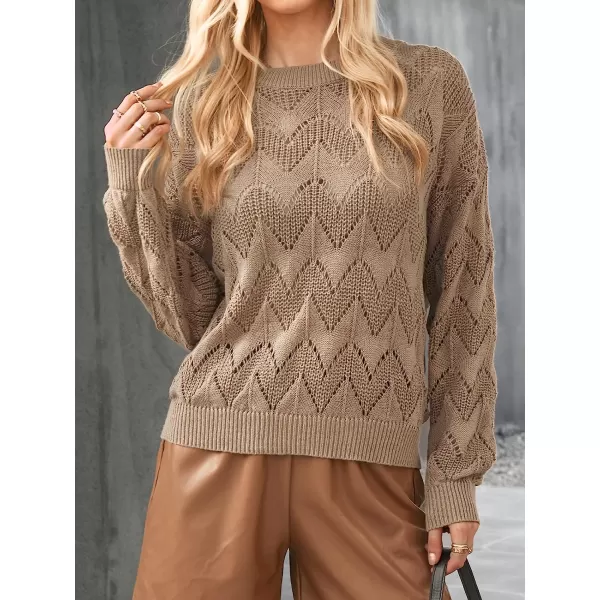 imageCUPSHE Womens Crew Neck Crochet Sweater Long Sleeve Lightweight Casual Knitted Pullover SweaterBrown