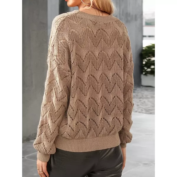 imageCUPSHE Womens Crew Neck Crochet Sweater Long Sleeve Lightweight Casual Knitted Pullover SweaterBrown