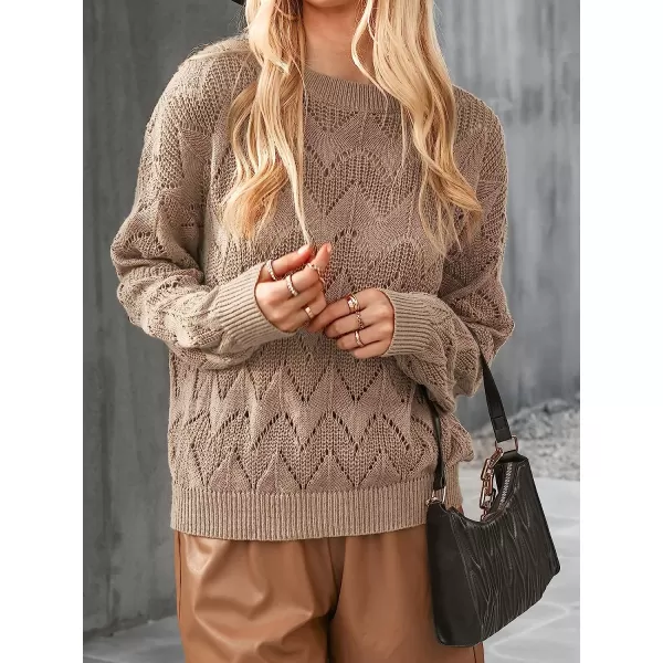 imageCUPSHE Womens Crew Neck Crochet Sweater Long Sleeve Lightweight Casual Knitted Pullover SweaterBrown