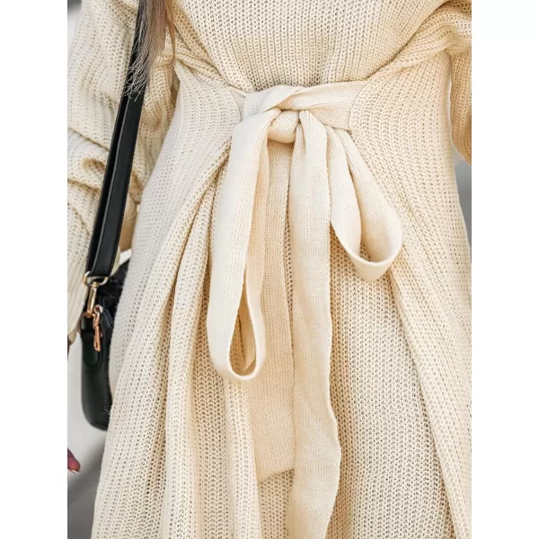 imageCUPSHE Womens Crewneck Long Sleeve Sweater Dress Belt Tied Casual Outdoor Warm Mini Knit Dress Loose FitCream