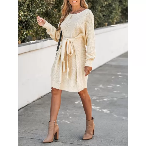 imageCUPSHE Womens Crewneck Long Sleeve Sweater Dress Belt Tied Casual Outdoor Warm Mini Knit Dress Loose FitCream