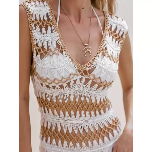 imageCUPSHE Womens Crochet Bathing Suit Cover Ups Sleeveless V Neck Cutout Beach Coverup Dress with TasselWhite amp Khaki