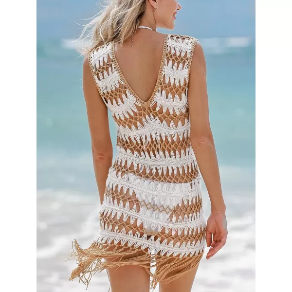 imageCUPSHE Womens Crochet Bathing Suit Cover Ups Sleeveless V Neck Cutout Beach Coverup Dress with TasselWhite amp Khaki