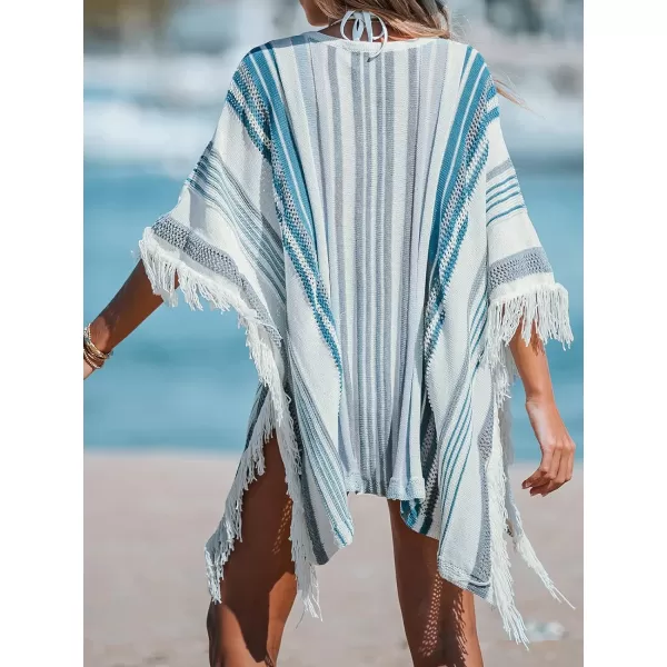 imageCUPSHE Womens Crochet Beach Bikini Cover Up Colorful Strip Tassels V Neck Drop Shoulde 34 Sleeve Loose Waisted Mini LengthBlue
