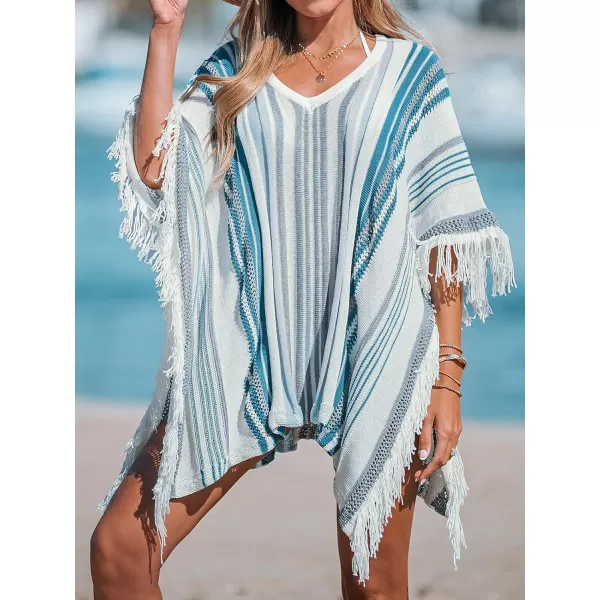imageCUPSHE Womens Crochet Beach Bikini Cover Up Colorful Strip Tassels V Neck Drop Shoulde 34 Sleeve Loose Waisted Mini LengthBlue