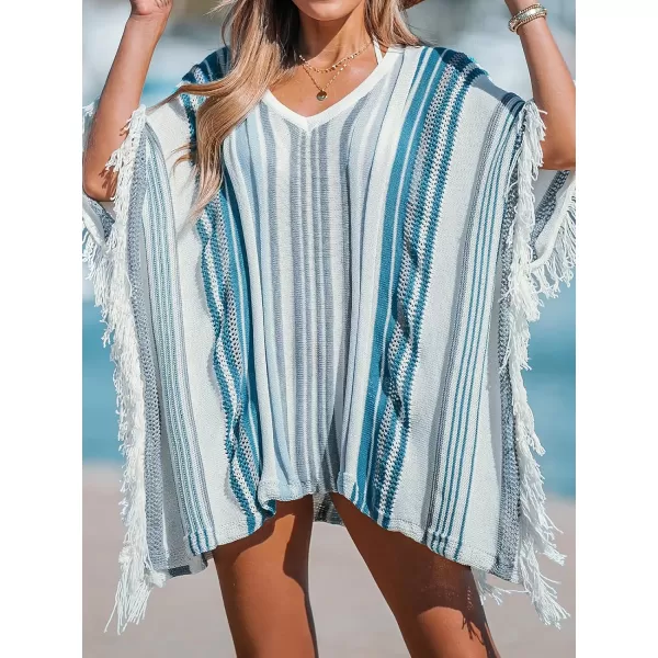 imageCUPSHE Womens Crochet Beach Bikini Cover Up Colorful Strip Tassels V Neck Drop Shoulde 34 Sleeve Loose Waisted Mini LengthBlue