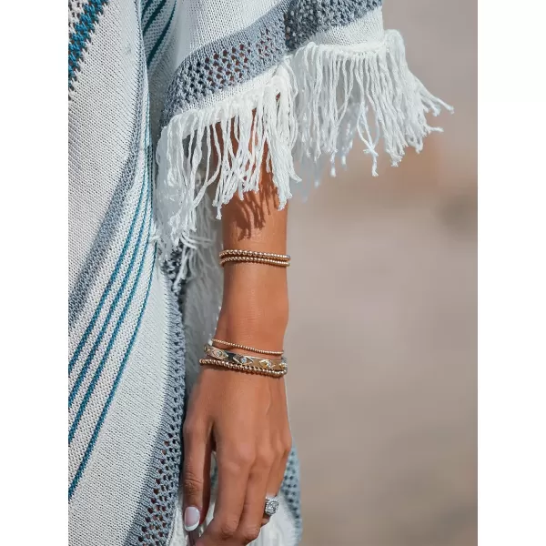 imageCUPSHE Womens Crochet Beach Bikini Cover Up Colorful Strip Tassels V Neck Drop Shoulde 34 Sleeve Loose Waisted Mini LengthBlue