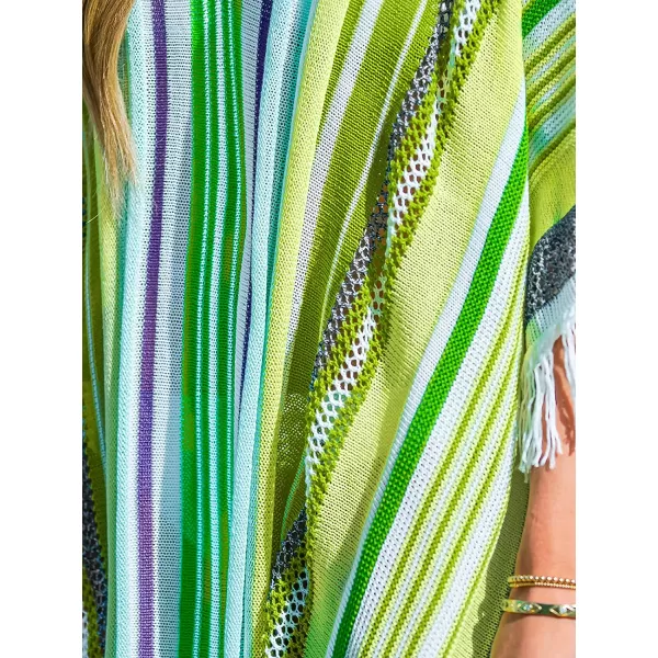 imageCUPSHE Womens Crochet Beach Bikini Cover Up Colorful Strip Tassels V Neck Drop Shoulde 34 Sleeve Loose Waisted Mini LengthGreen