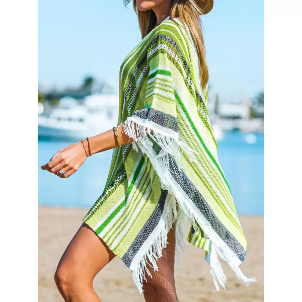 imageCUPSHE Womens Crochet Beach Bikini Cover Up Colorful Strip Tassels V Neck Drop Shoulde 34 Sleeve Loose Waisted Mini LengthGreen