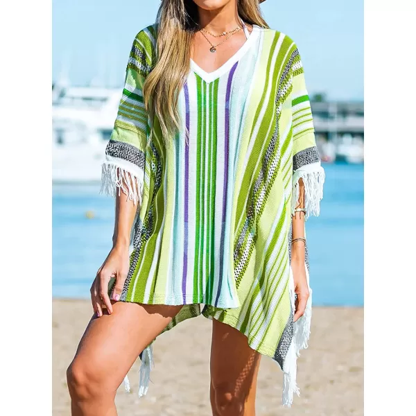 imageCUPSHE Womens Crochet Beach Bikini Cover Up Colorful Strip Tassels V Neck Drop Shoulde 34 Sleeve Loose Waisted Mini LengthGreen