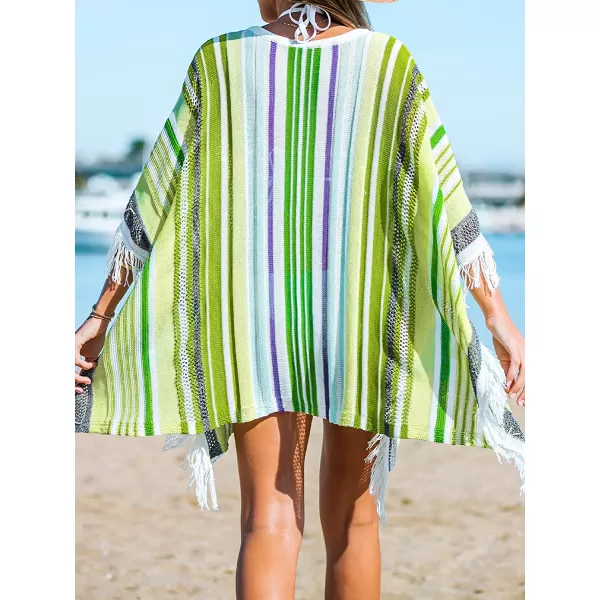 imageCUPSHE Womens Crochet Beach Bikini Cover Up Colorful Strip Tassels V Neck Drop Shoulde 34 Sleeve Loose Waisted Mini LengthGreen