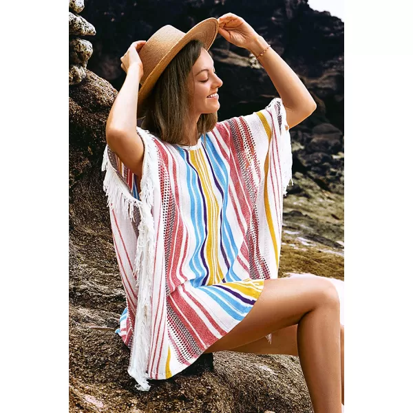 imageCUPSHE Womens Crochet Beach Bikini Cover Up Colorful Strip Tassels V Neck Drop Shoulde 34 Sleeve Loose Waisted Mini LengthMulticolor