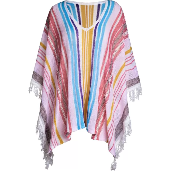 imageCUPSHE Womens Crochet Beach Bikini Cover Up Colorful Strip Tassels V Neck Drop Shoulde 34 Sleeve Loose Waisted Mini LengthMulticolor