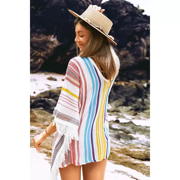imageCUPSHE Womens Crochet Beach Bikini Cover Up Colorful Strip Tassels V Neck Drop Shoulde 34 Sleeve Loose Waisted Mini LengthMulticolor