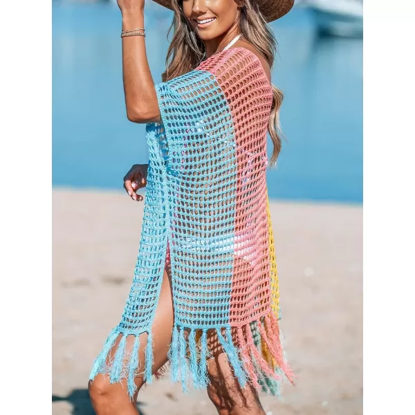 imageCUPSHE Womens Crochet Beach Bikini Cover Up Colorful Strip Tassels V Neck Drop Shoulde 34 Sleeve Loose Waisted Mini LengthRainbow Color