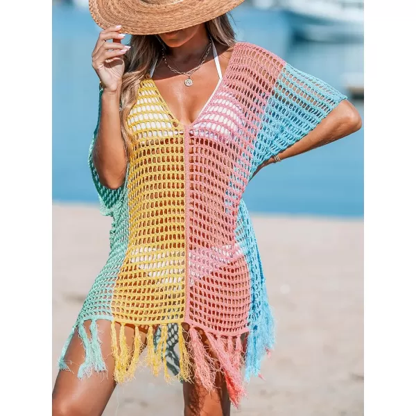 imageCUPSHE Womens Crochet Beach Bikini Cover Up Colorful Strip Tassels V Neck Drop Shoulde 34 Sleeve Loose Waisted Mini LengthRainbow Color