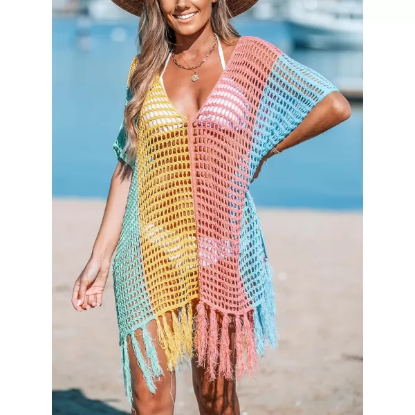 imageCUPSHE Womens Crochet Beach Bikini Cover Up Colorful Strip Tassels V Neck Drop Shoulde 34 Sleeve Loose Waisted Mini LengthRainbow Color