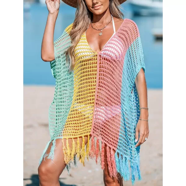 imageCUPSHE Womens Crochet Beach Bikini Cover Up Colorful Strip Tassels V Neck Drop Shoulde 34 Sleeve Loose Waisted Mini LengthRainbow Color