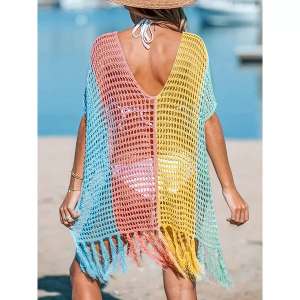 imageCUPSHE Womens Crochet Beach Bikini Cover Up Colorful Strip Tassels V Neck Drop Shoulde 34 Sleeve Loose Waisted Mini LengthRainbow Color