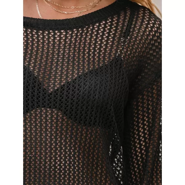 imageCUPSHE Womens Crochet Beach Cover Ups Long Sleeve Fishnet Bathing Suit Coverup Swimwear Mesh Beach DressBlack