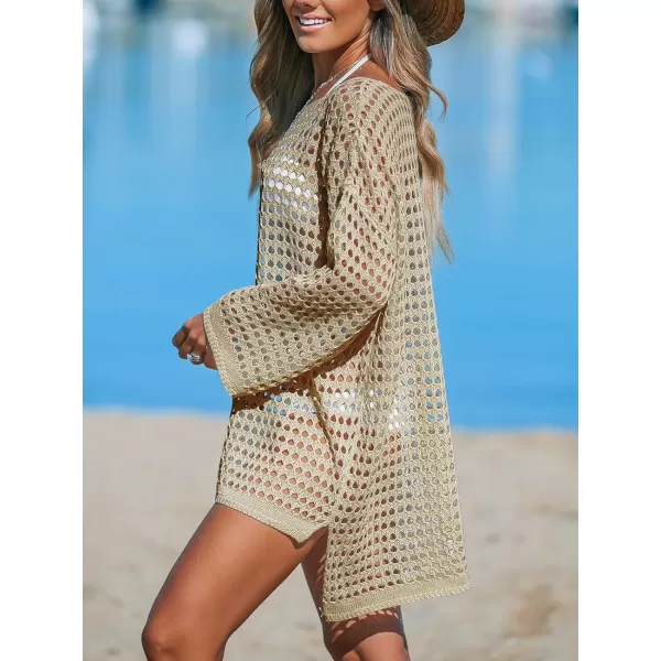 imageCUPSHE Womens Crochet Cover Up Cutout Drop Shoulder Long Sleeves Pullover Beachwear Bathing Suit 2024Apricot