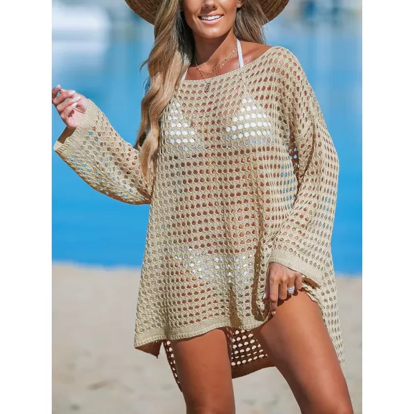 imageCUPSHE Womens Crochet Cover Up Cutout Drop Shoulder Long Sleeves Pullover Beachwear Bathing Suit 2024Apricot